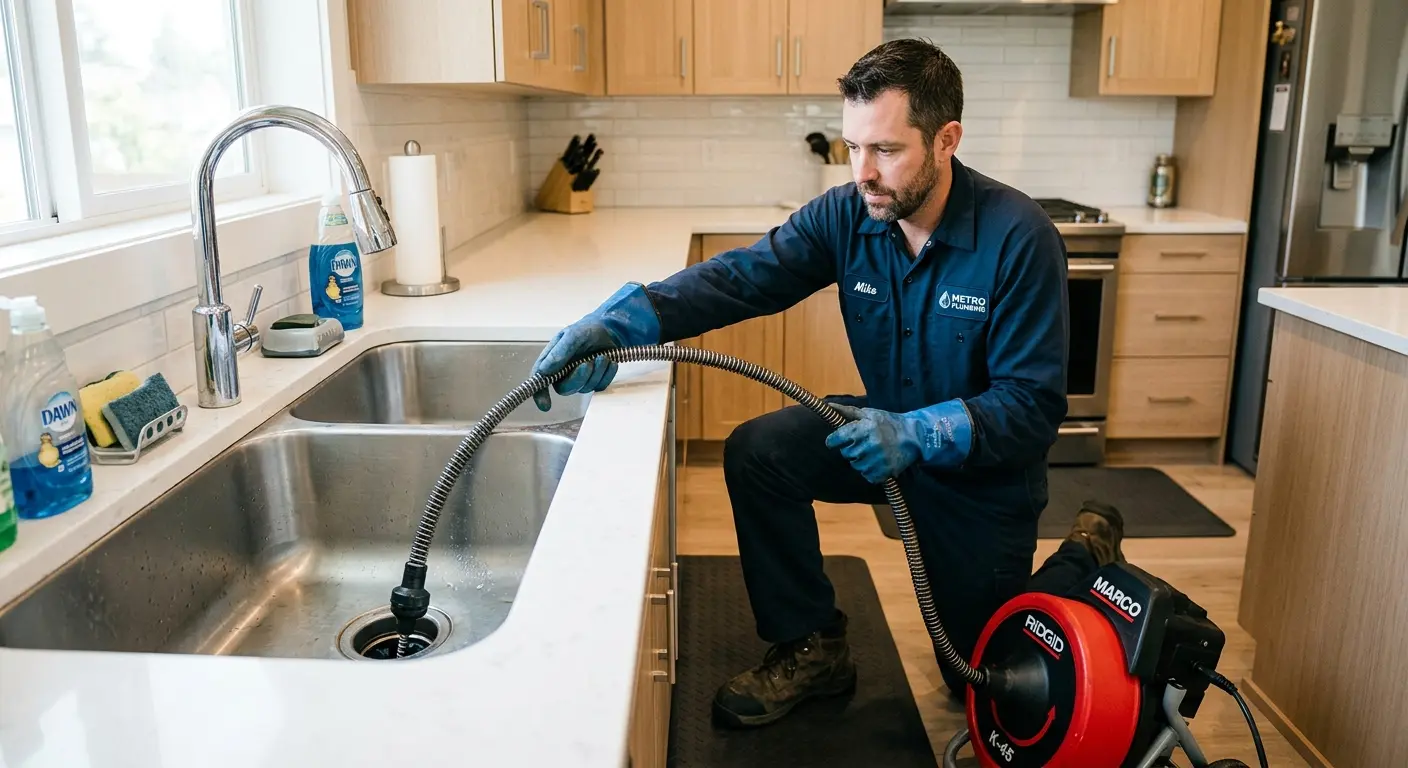 Drain cleaning technician using a motorized snake on a kitchen sink in Berea