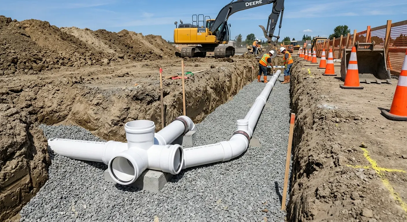 New PVC sewer pipe installation in open trench for Commercial Drain Cleaning in Berea