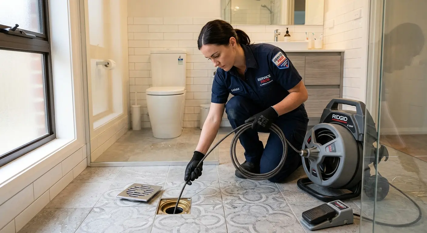 Technician clearing a bathroom floor drain for Clogged Drain Repair in Berea